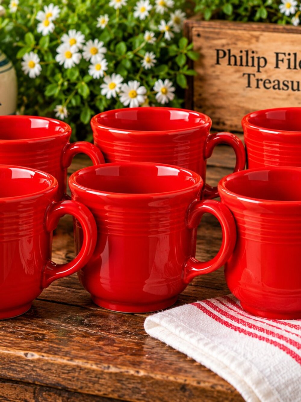Cups-04--Fiesta Homer Laughlin Scarlet Red Ring Handle Mugs Set of 6 USA